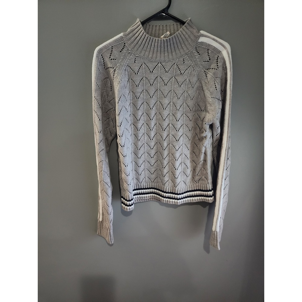 Kyodan Outdoor Gray Pointelle Knit Mock Neck Sweater White Racing Stripe Medium